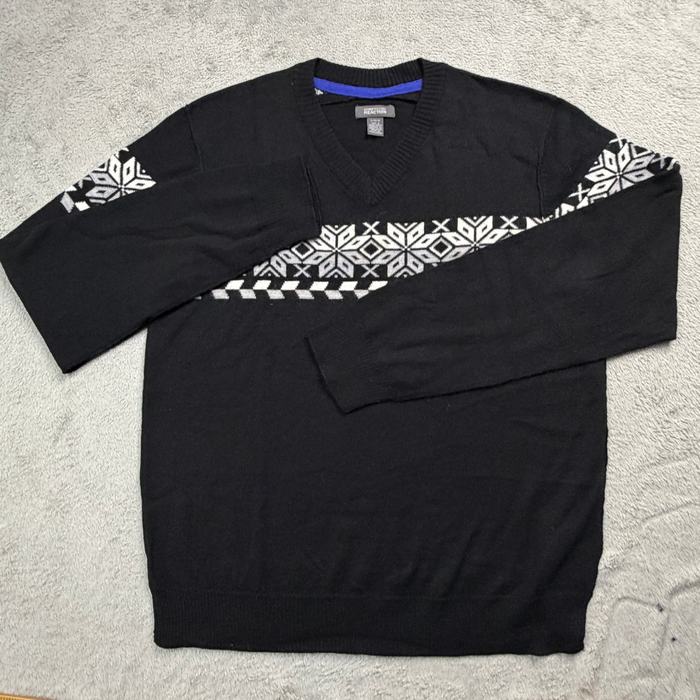 Kenneth Cole Reaction Mens Black Snowflake Fair Isle V-Neck Sweater Large
